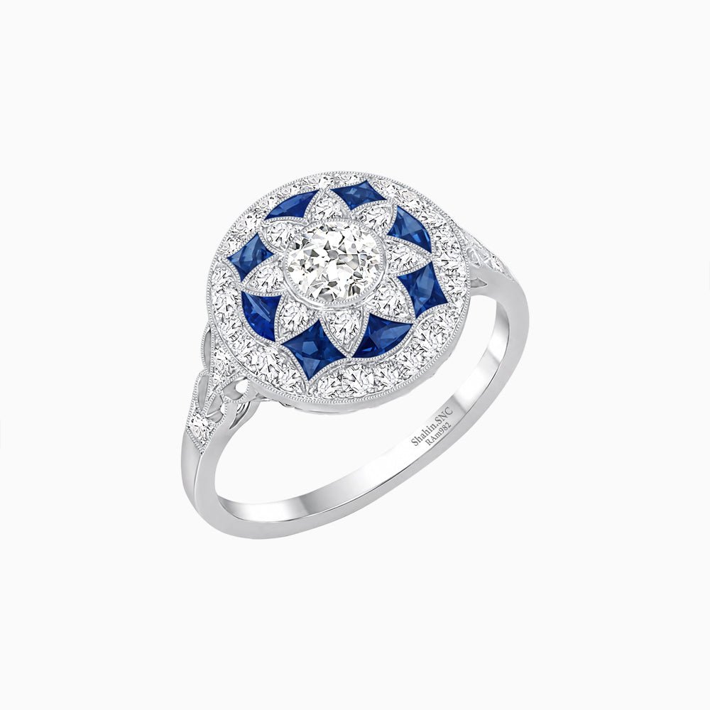 Art Deco Inspired Round Cut Halo Ring with Calibré Gemstone Accents - Shahin Jewelry