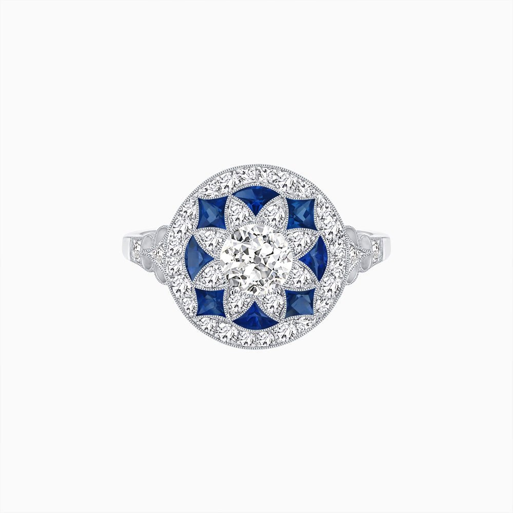 Art Deco Inspired Round Cut Halo Ring with Calibré Gemstone Accents - Shahin Jewelry