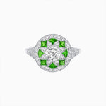 Load image into Gallery viewer, Art Deco Inspired Round Cut Halo Ring with Calibré Gemstone Accents - Shahin Jewelry