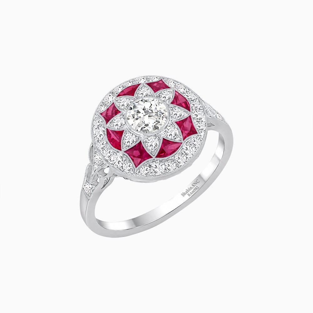 Art Deco Inspired Round Cut Halo Ring with Calibré Gemstone Accents - Shahin Jewelry