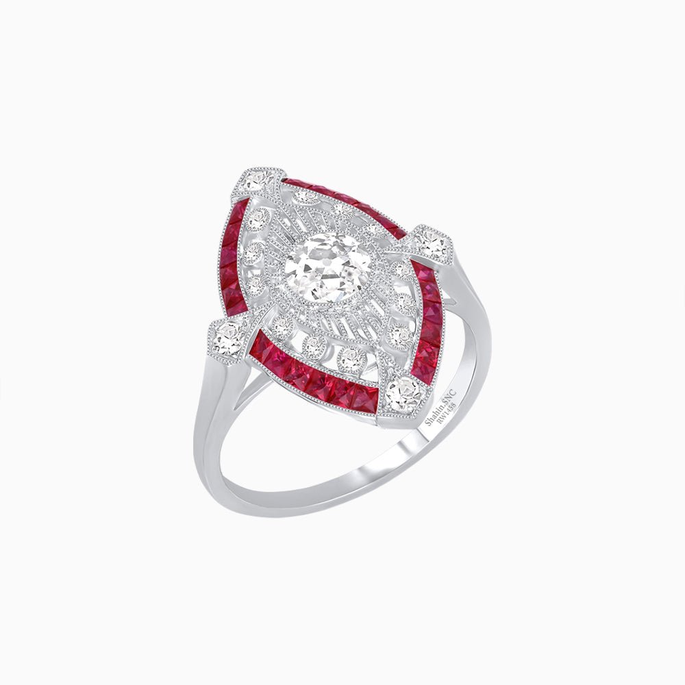 Art Deco Inspired Round Cut Navette Gemstone Cocktail Ring - Shahin Jewelry