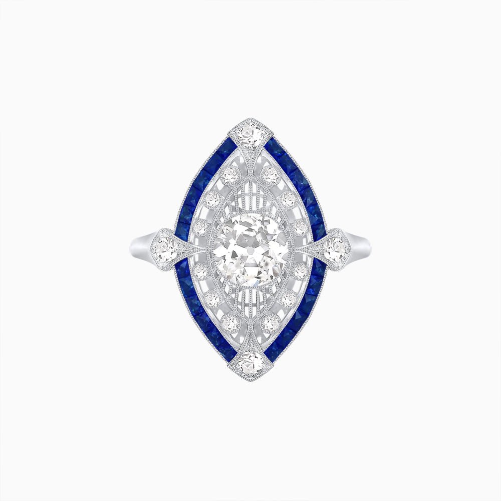 Art Deco Inspired Round Cut Navette Gemstone Cocktail Ring - Shahin Jewelry