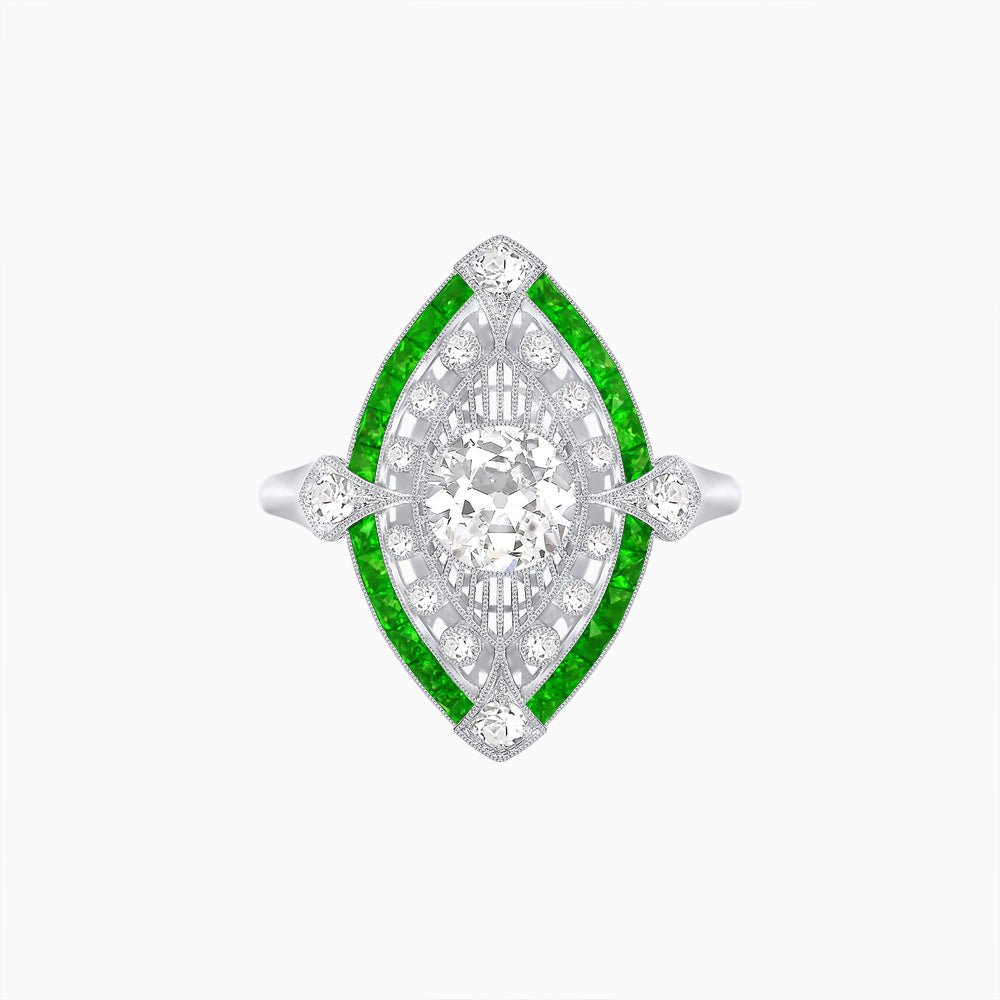 Art Deco Inspired Round Cut Navette Gemstone Cocktail Ring - Shahin Jewelry