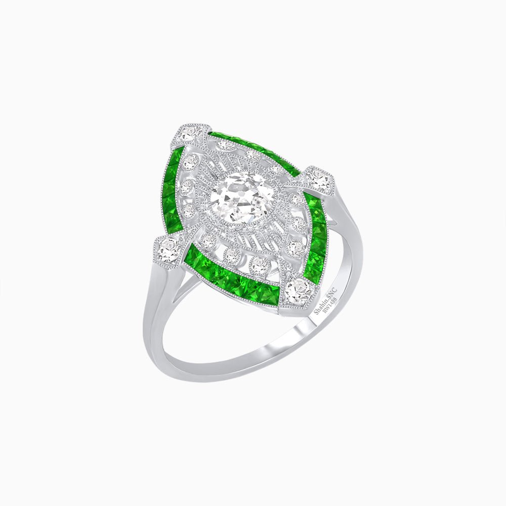 Art Deco Inspired Round Cut Navette Gemstone Cocktail Ring - Shahin Jewelry