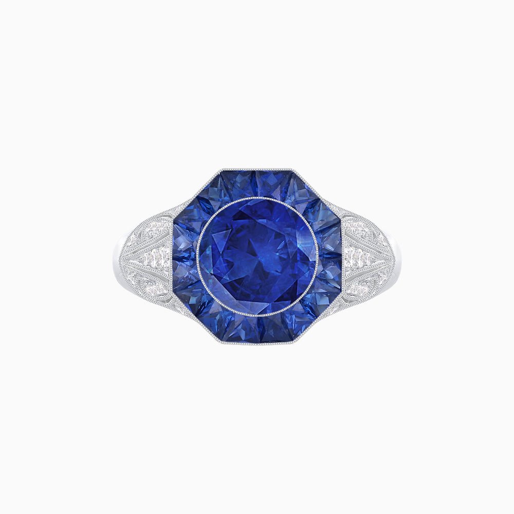 Art Deco Inspired Round Cut Ring with Octagonal Calibré-Cut Gemstone Halo - Shahin Jewelry