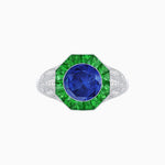 Load image into Gallery viewer, Art Deco Inspired Round Cut Ring with Octagonal Calibré-Cut Gemstone Halo - Shahin Jewelry