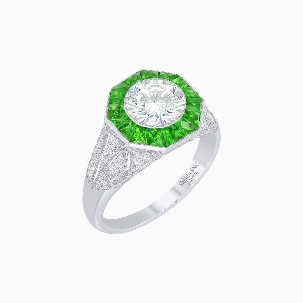 Art Deco Inspired Round Cut Ring with Octagonal Calibré-Cut Gemstone Halo - Shahin Jewelry