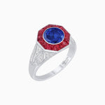 Load image into Gallery viewer, Art Deco Inspired Round Cut Ring with Octagonal Calibré-Cut Gemstone Halo - Shahin Jewelry