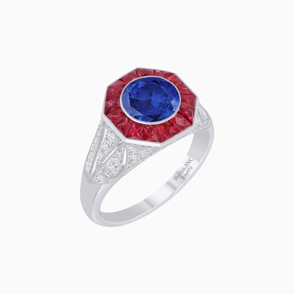 Art Deco Inspired Round Cut Ring with Octagonal Calibré-Cut Gemstone Halo - Shahin Jewelry