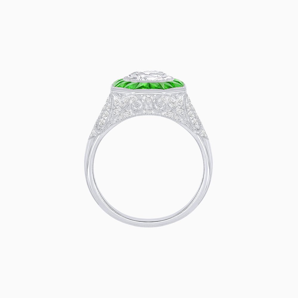 Art Deco Inspired Round Cut Ring with Octagonal Calibré-Cut Gemstone Halo - Shahin Jewelry