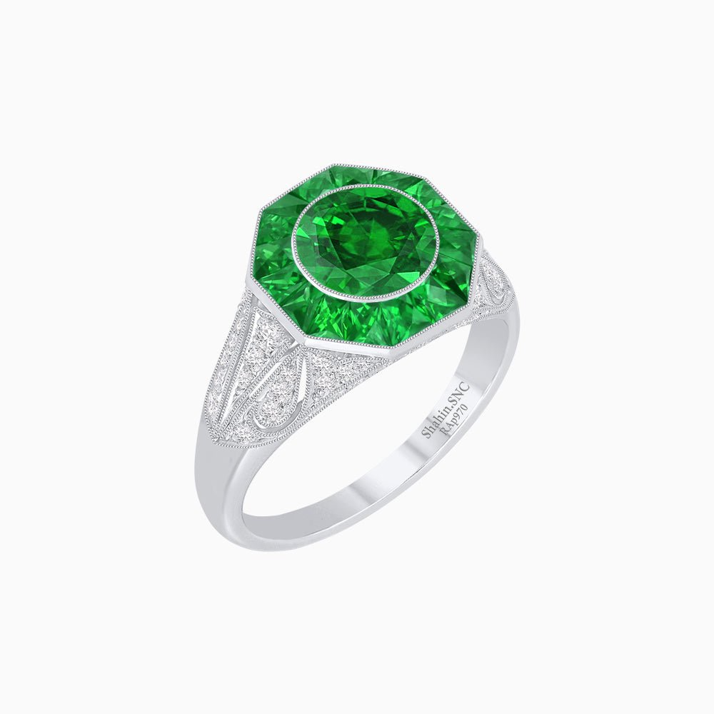 Art Deco Inspired Round Cut Ring with Octagonal Calibré-Cut Gemstone Halo - Shahin Jewelry