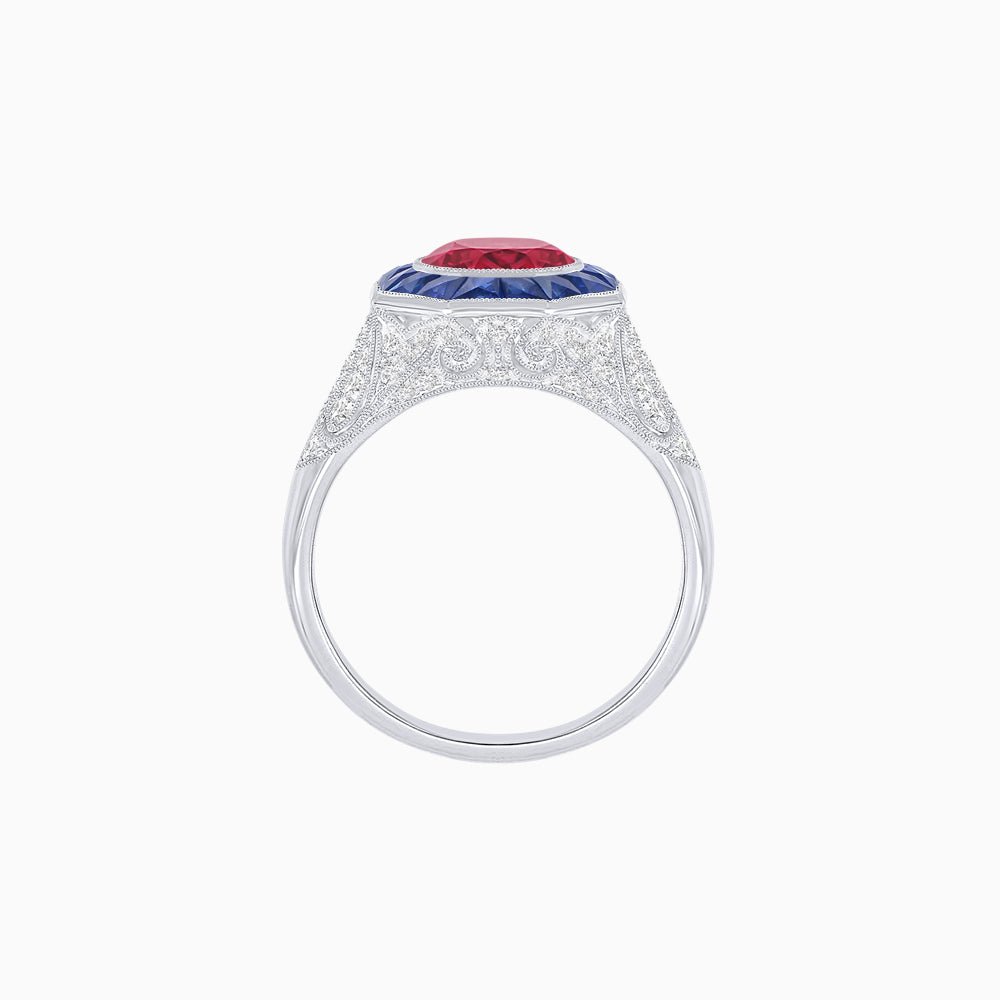 Art Deco Inspired Round Cut Ring with Octagonal Calibré-Cut Gemstone Halo - Shahin Jewelry
