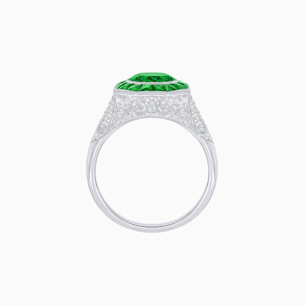 Art Deco Inspired Round Cut Ring with Octagonal Calibré-Cut Gemstone Halo - Shahin Jewelry