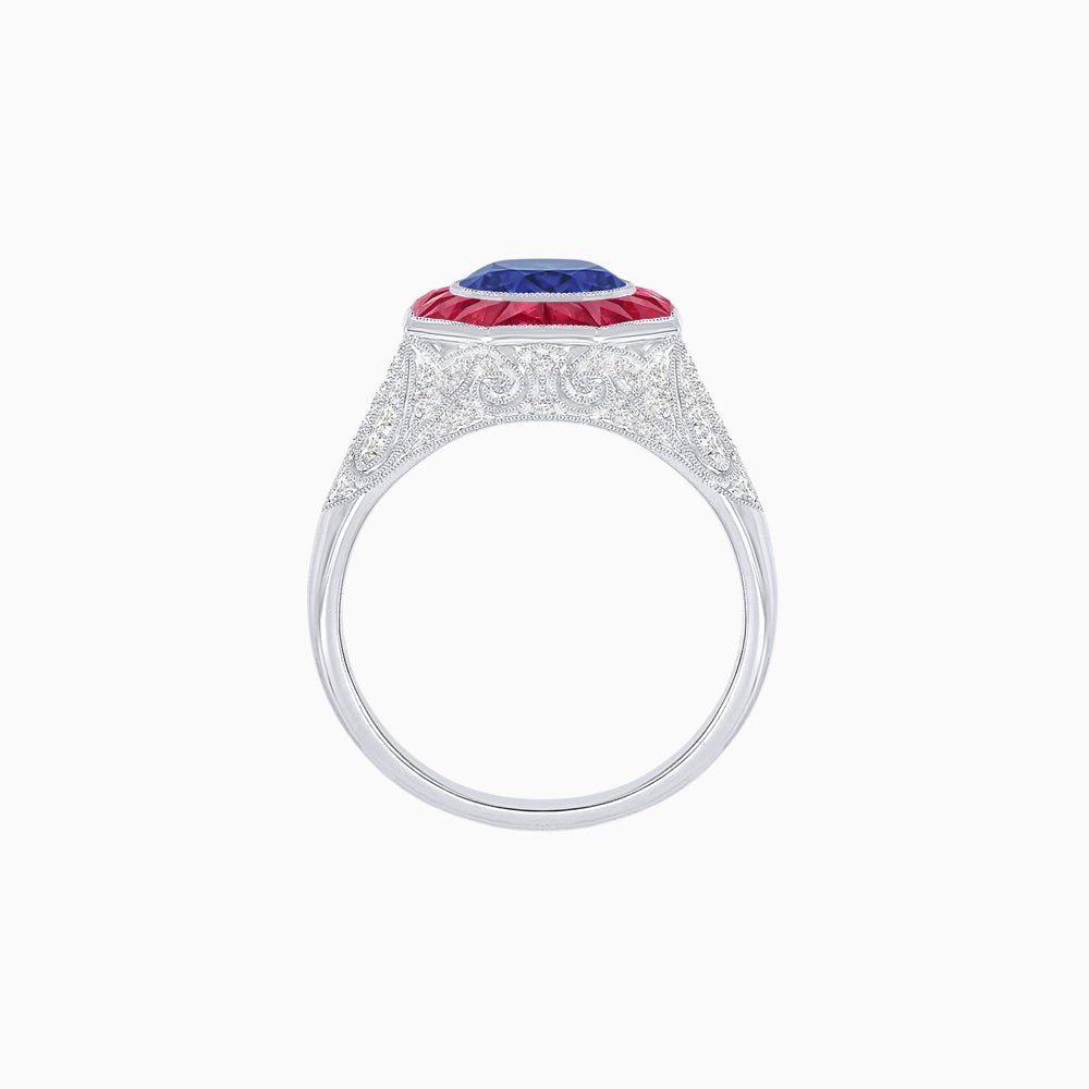 Art Deco Inspired Round Cut Ring with Octagonal Calibré-Cut Gemstone Halo - Shahin Jewelry