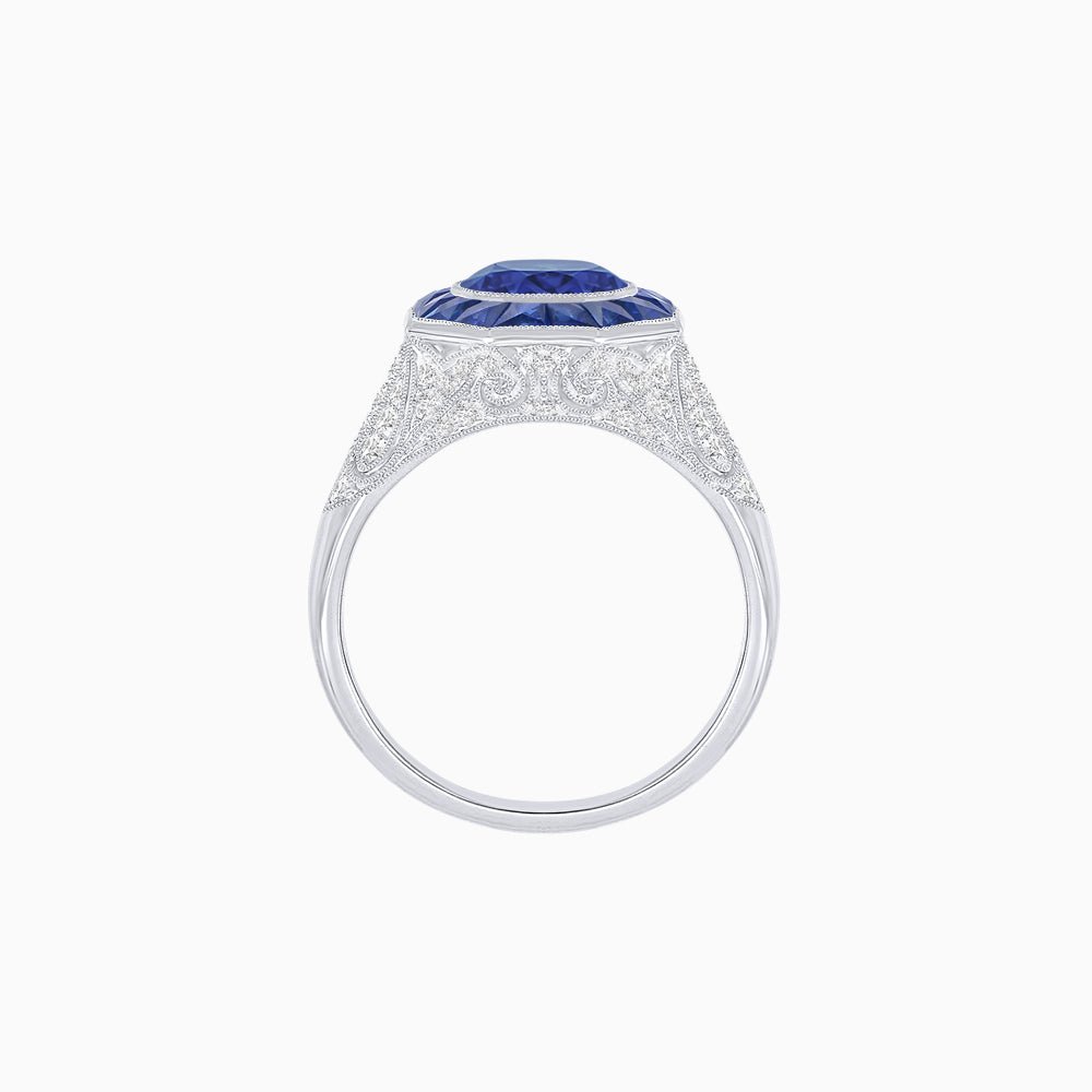 Art Deco Inspired Round Cut Ring with Octagonal Calibré-Cut Gemstone Halo - Shahin Jewelry