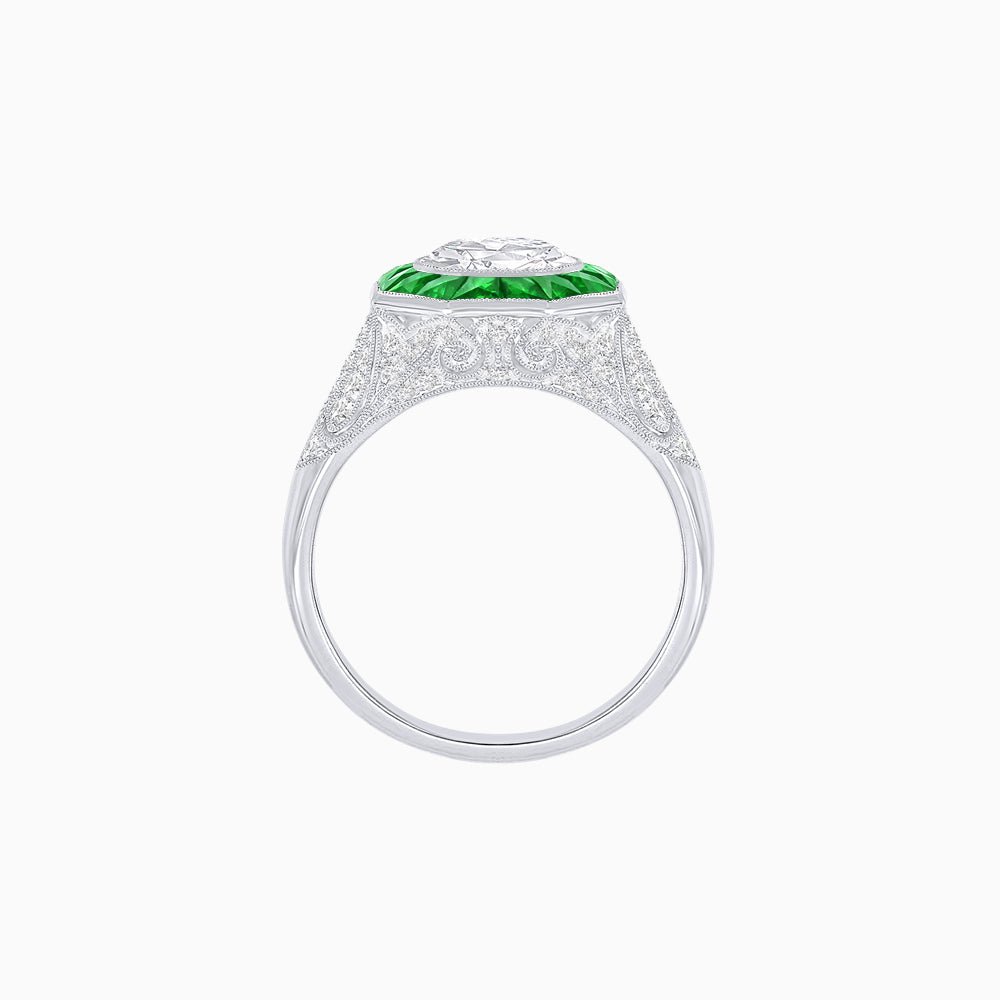 Art Deco Inspired Round Cut Ring with Octagonal Calibré-Cut Gemstone Halo - Shahin Jewelry