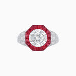Load image into Gallery viewer, Art Deco Inspired Round Cut Ring with Octagonal Calibré-Cut Gemstone Halo - Shahin Jewelry
