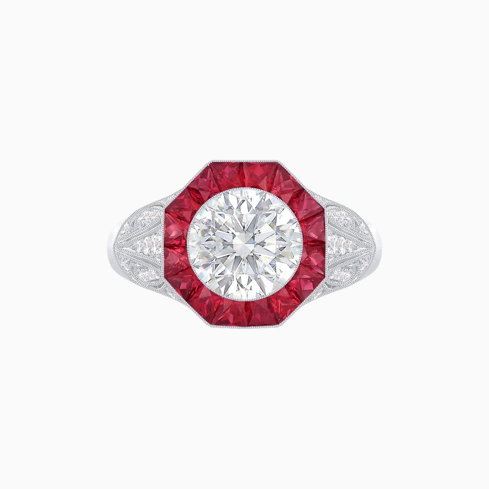 Art Deco Inspired Round Cut Ring with Octagonal Calibré-Cut Gemstone Halo - Shahin Jewelry