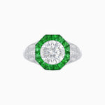 Load image into Gallery viewer, Art Deco Inspired Round Cut Ring with Octagonal Calibré-Cut Gemstone Halo - Shahin Jewelry