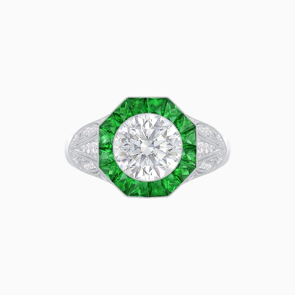 Art Deco Inspired Round Cut Ring with Octagonal Calibré-Cut Gemstone Halo - Shahin Jewelry