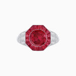 Load image into Gallery viewer, Art Deco Inspired Round Cut Ring with Octagonal Calibré-Cut Gemstone Halo - Shahin Jewelry