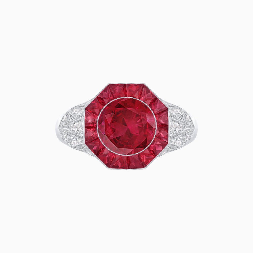 Art Deco Inspired Round Cut Ring with Octagonal Calibré-Cut Gemstone Halo - Shahin Jewelry