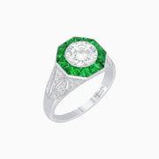Art Deco Inspired Round Cut Ring with Octagonal Calibré-Cut Gemstone Halo - Shahin Jewelry