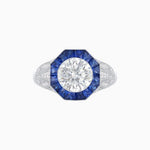 Load image into Gallery viewer, Art Deco Inspired Round Cut Ring with Octagonal Calibré-Cut Gemstone Halo - Shahin Jewelry