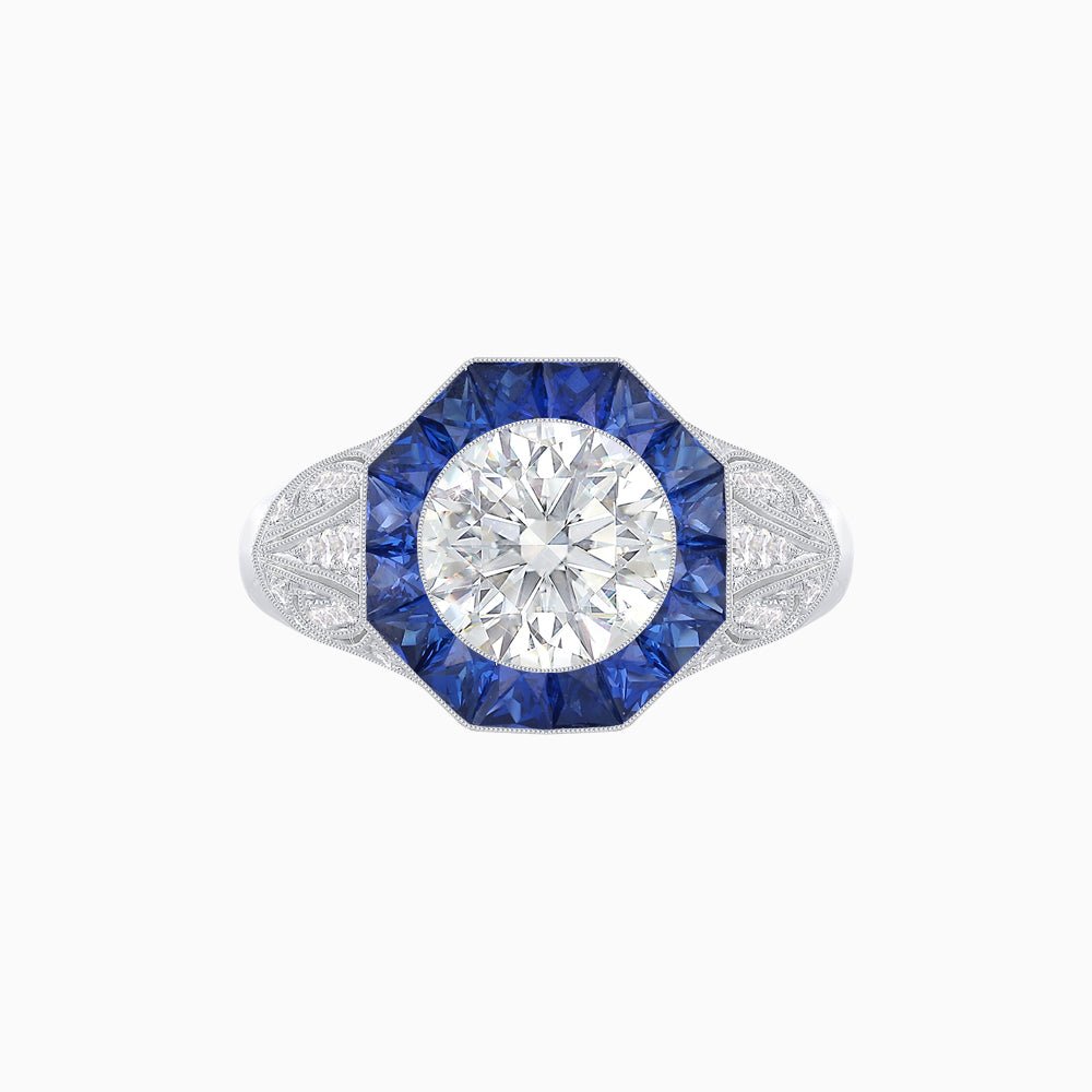 Art Deco Inspired Round Cut Ring with Octagonal Calibré-Cut Gemstone Halo - Shahin Jewelry