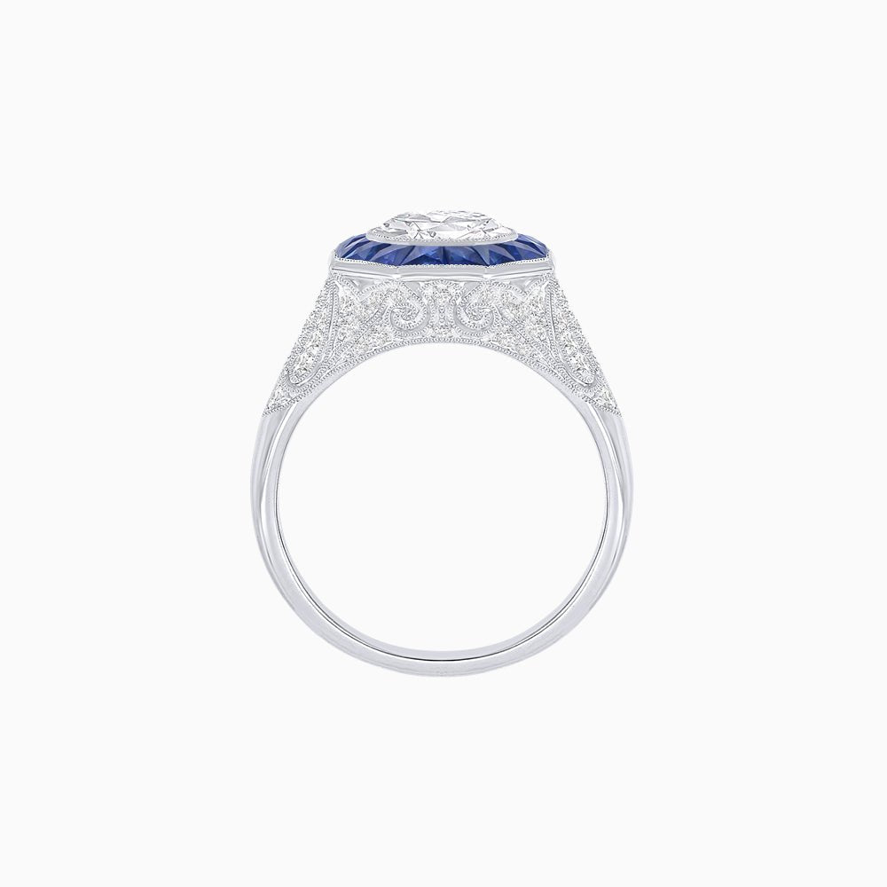 Art Deco Inspired Round Cut Ring with Octagonal Calibré-Cut Gemstone Halo - Shahin Jewelry