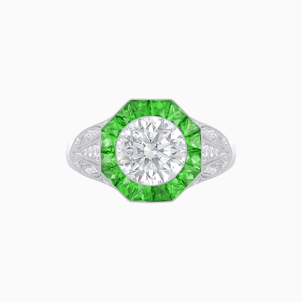 Art Deco Inspired Round Cut Ring with Octagonal Calibré-Cut Gemstone Halo - Shahin Jewelry