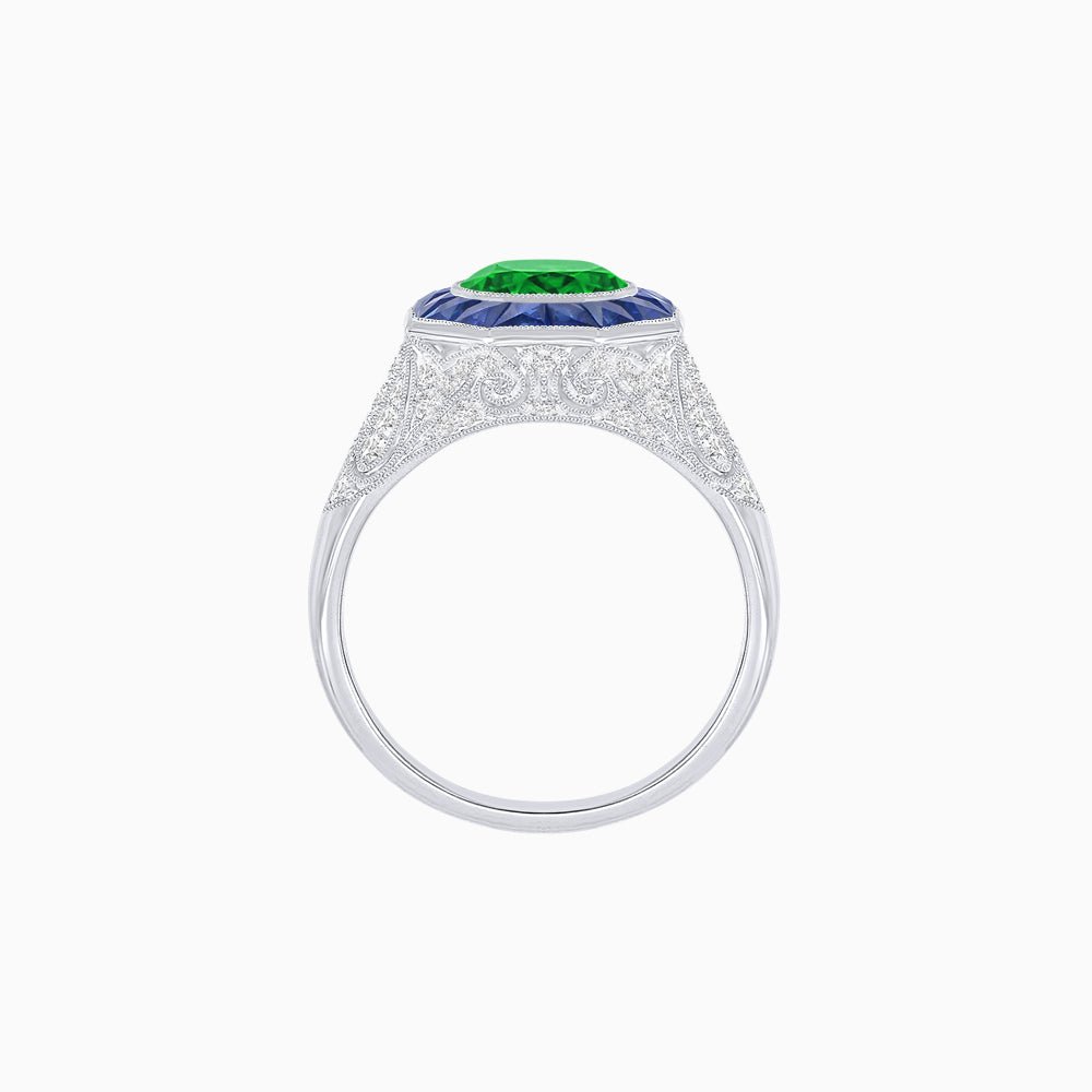 Art Deco Inspired Round Cut Ring with Octagonal Calibré-Cut Gemstone Halo - Shahin Jewelry