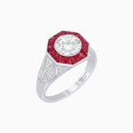 Load image into Gallery viewer, Art Deco Inspired Round Cut Ring with Octagonal Calibré-Cut Gemstone Halo - Shahin Jewelry