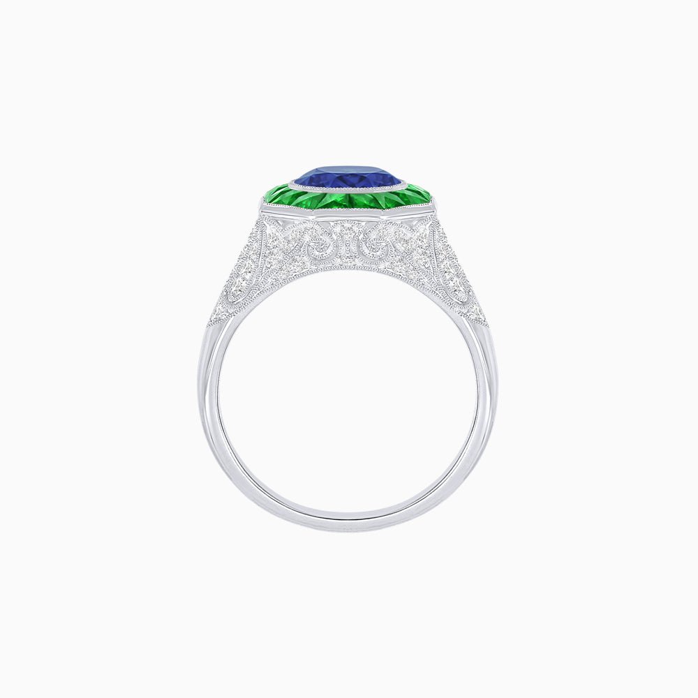 Art Deco Inspired Round Cut Ring with Octagonal Calibré-Cut Gemstone Halo - Shahin Jewelry
