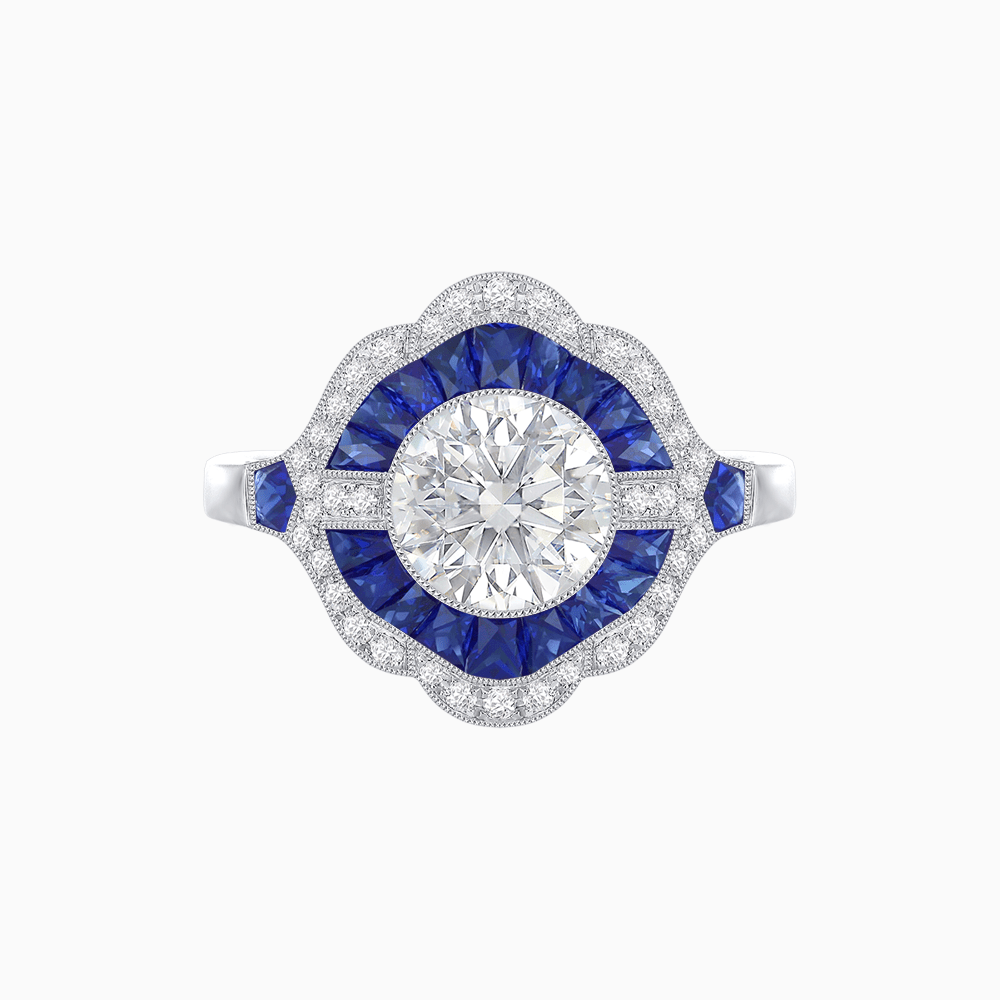 Art Deco Inspired Round Cut Scalloped Double Halo Ring with French-Cut Gemstones - Shahin Jewelry