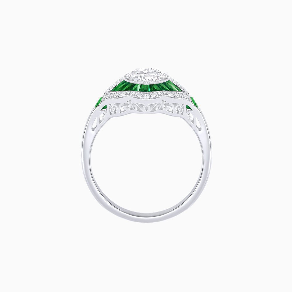Art Deco Inspired Round Cut Scalloped Double Halo Ring with French-Cut Gemstones - Shahin Jewelry