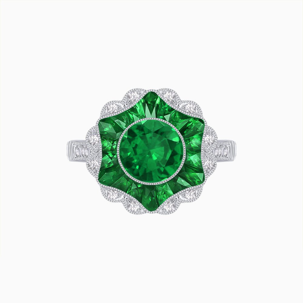 Art Deco Inspired Round Cut Starburst Double Halo Ring - Shahin Jewelry