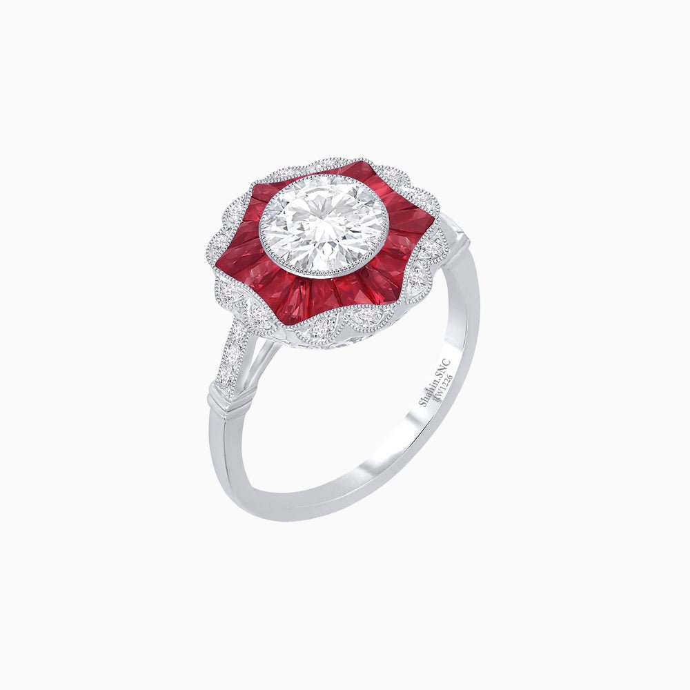 Art Deco Inspired Round Cut Starburst Double Halo Ring - Shahin Jewelry