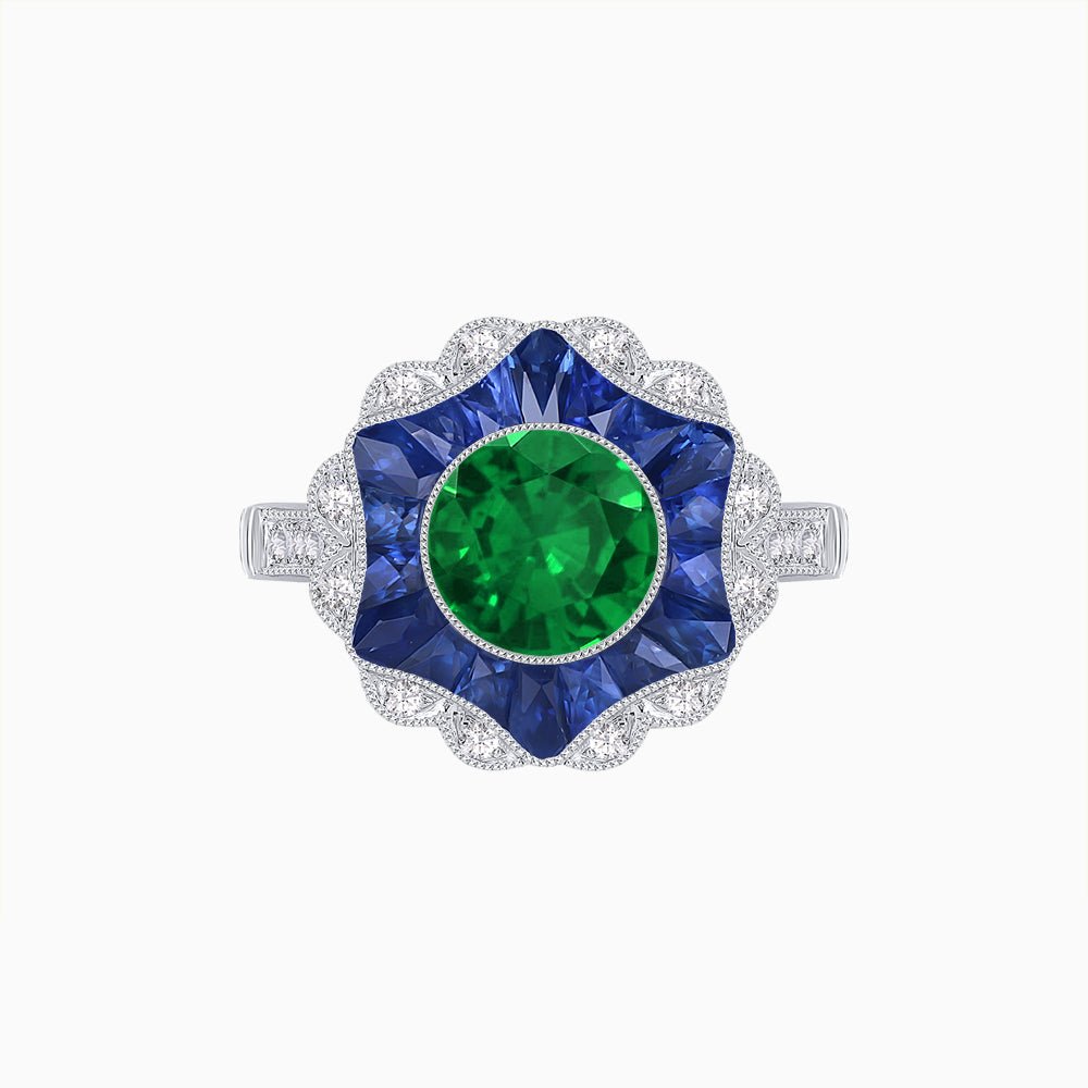 Art Deco Inspired Round Cut Starburst Double Halo Ring - Shahin Jewelry