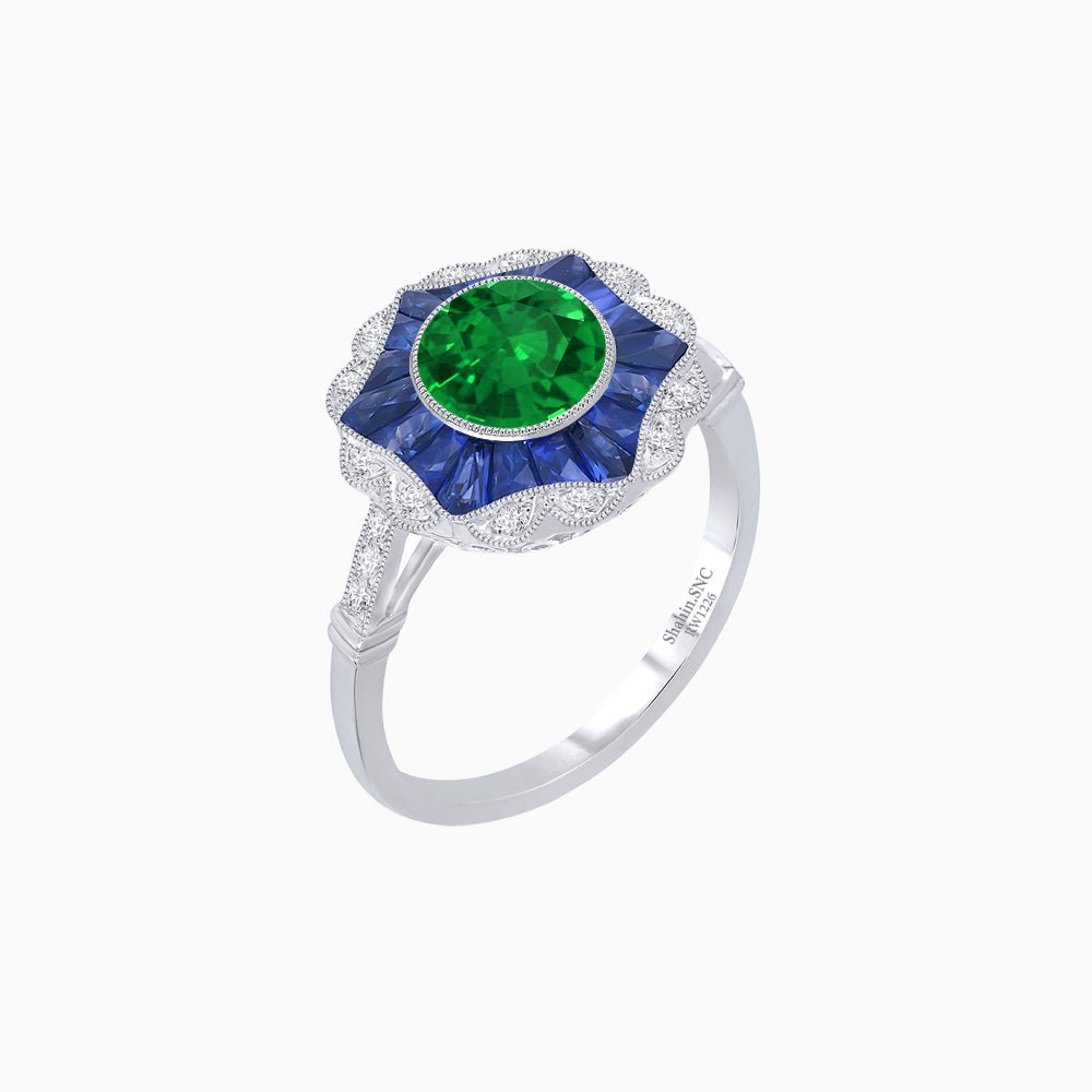 Art Deco Inspired Round Cut Starburst Double Halo Ring - Shahin Jewelry
