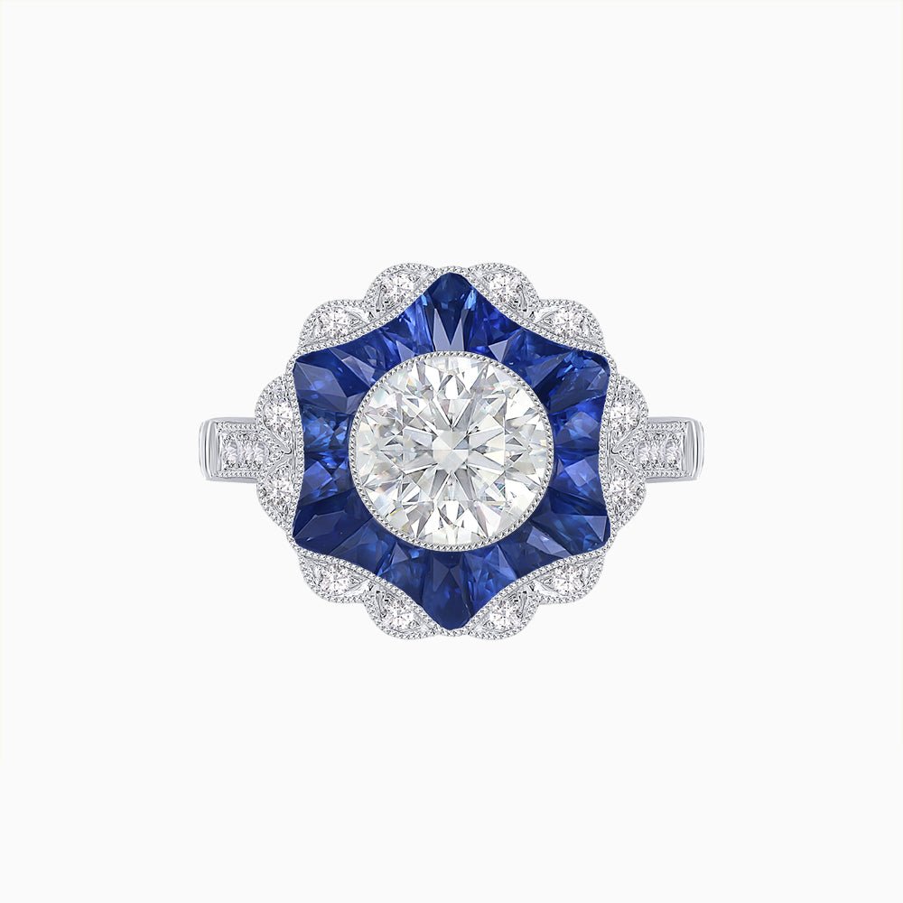 Art Deco Inspired Round Cut Starburst Double Halo Ring - Shahin Jewelry