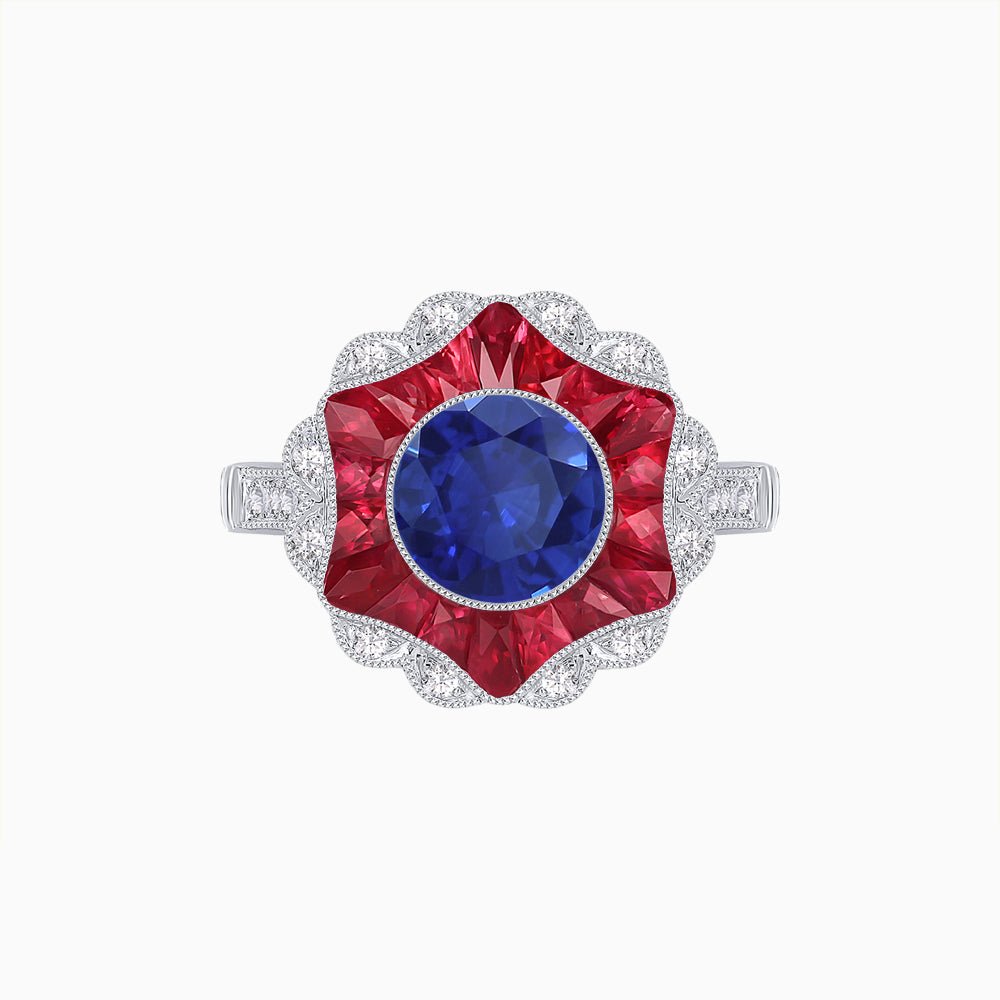 Art Deco Inspired Round Cut Starburst Double Halo Ring - Shahin Jewelry