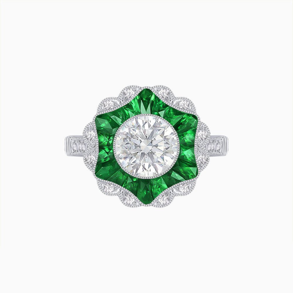 Art Deco Inspired Round Cut Starburst Double Halo Ring - Shahin Jewelry