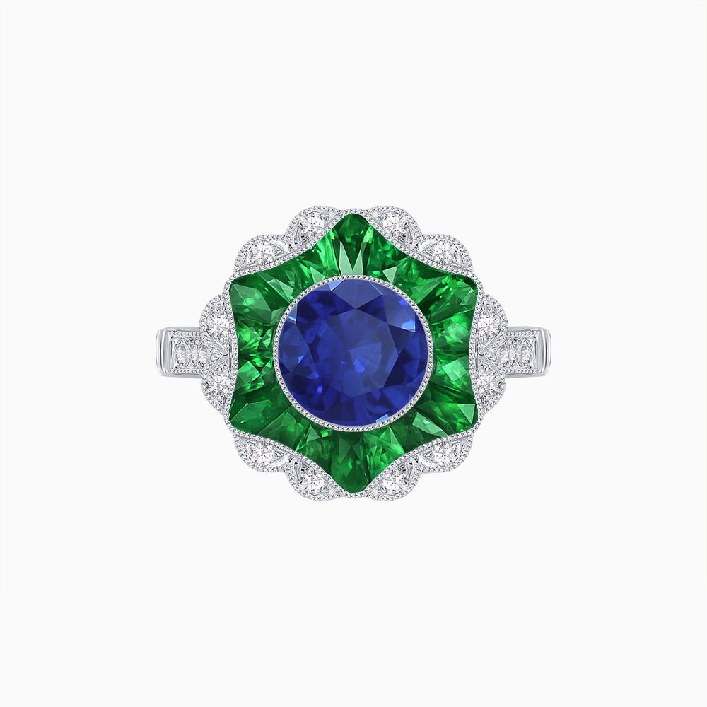 Art Deco Inspired Round Cut Starburst Double Halo Ring - Shahin Jewelry