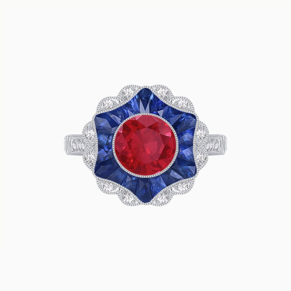 Art Deco Inspired Round Cut Starburst Double Halo Ring - Shahin Jewelry