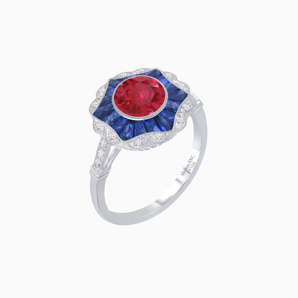 Art Deco Inspired Round Cut Starburst Double Halo Ring - Shahin Jewelry