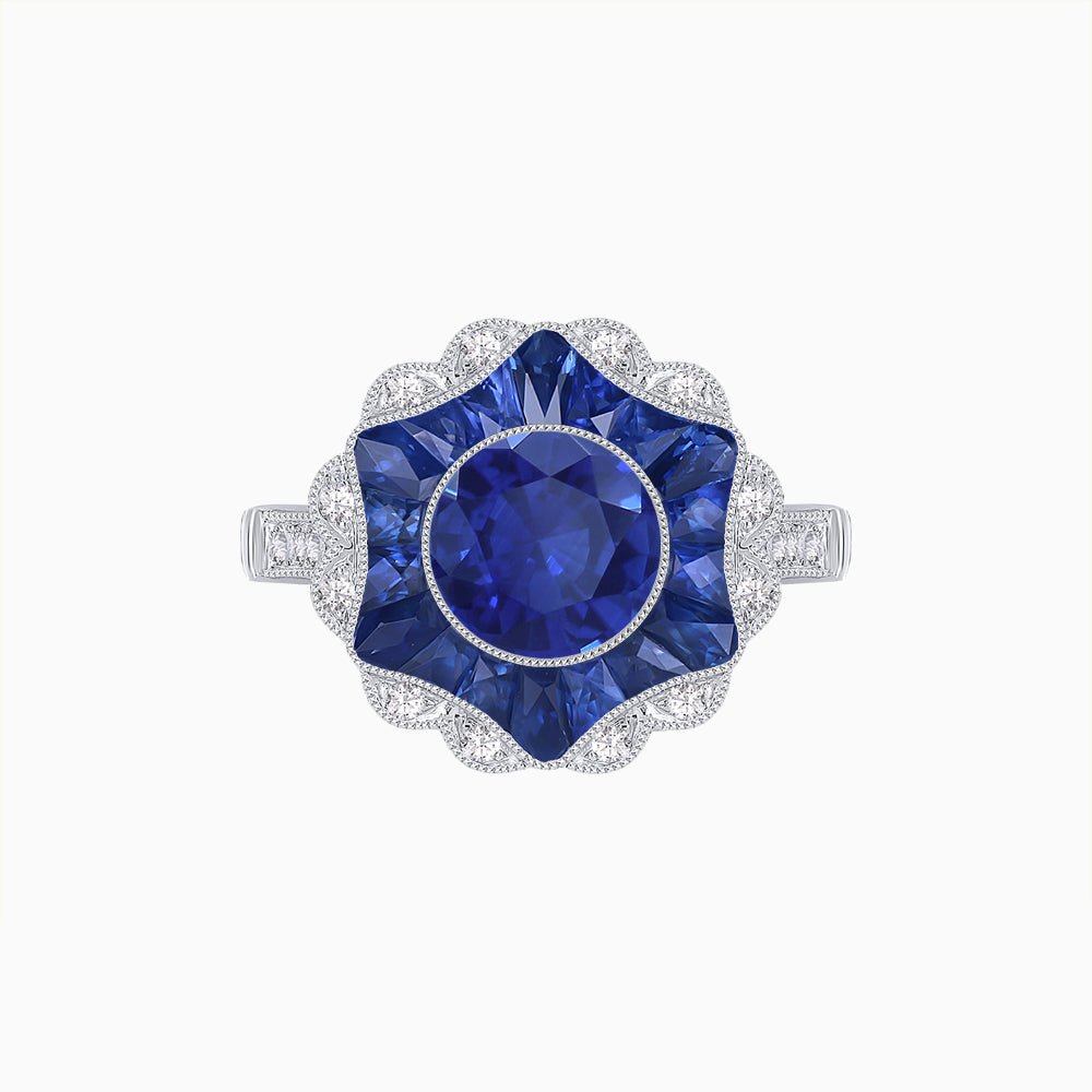 Art Deco Inspired Round Cut Starburst Double Halo Ring - Shahin Jewelry