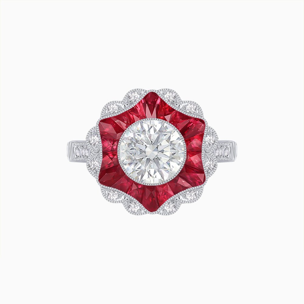 Art Deco Inspired Round Cut Starburst Double Halo Ring - Shahin Jewelry