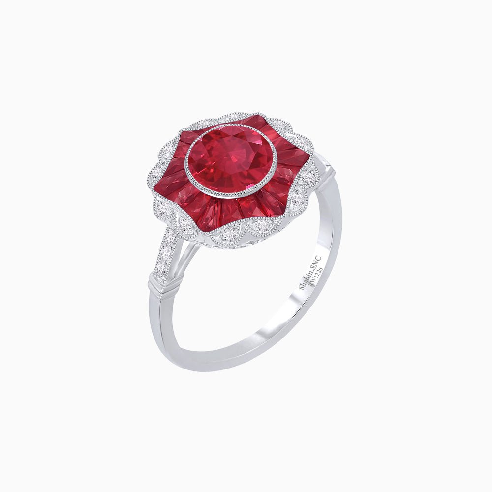 Art Deco Inspired Round Cut Starburst Double Halo Ring - Shahin Jewelry