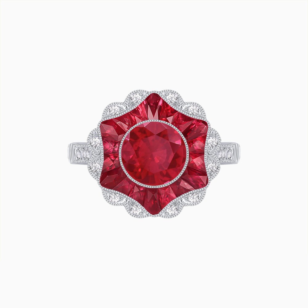 Art Deco Inspired Round Cut Starburst Double Halo Ring - Shahin Jewelry